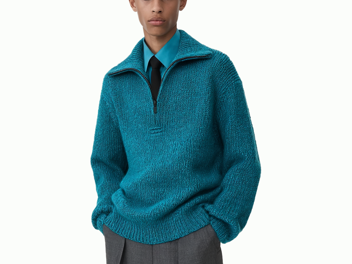 m022Lake Blue Texture Half-Zip Funnel Neck Knit Sweater