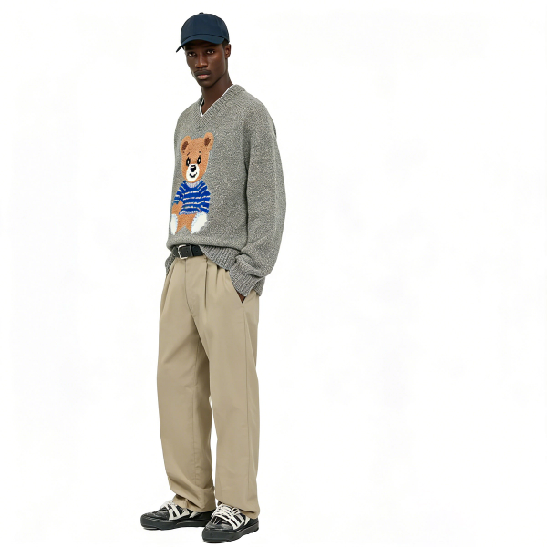 m026Striped Teddy Bear Applique V-Neck Knit Sweater 2