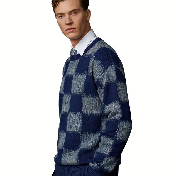 m001Sea Mist Checkerboard Knit Sweater 4