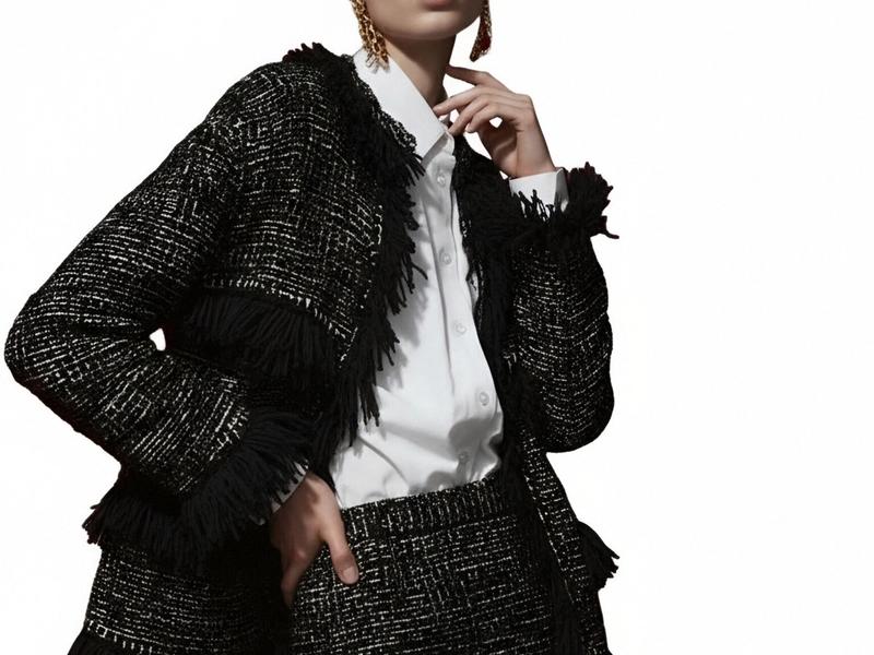 s061Black & White Tweed Fringe Trimmed Chanel-Style Co-ord Set