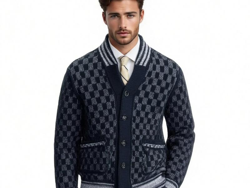 m014Navy Checkerboard Shawl Collar Knit Cardigan