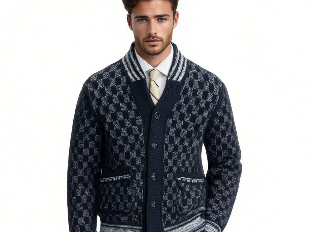 m014Navy Checkerboard Shawl Collar Knit Cardigan
