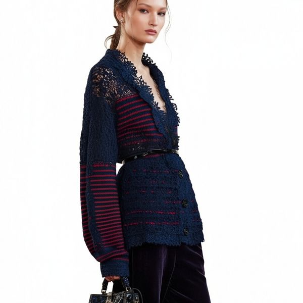 s058Navy Blue & Red Stripe Textured Lace V-Neck Knit Cardigan 4