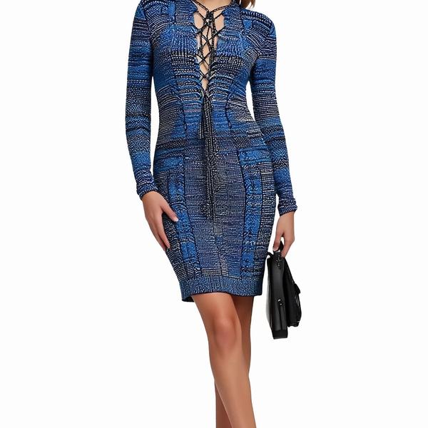 s090Blue & White Woven Lace-Up Knit Dress 4