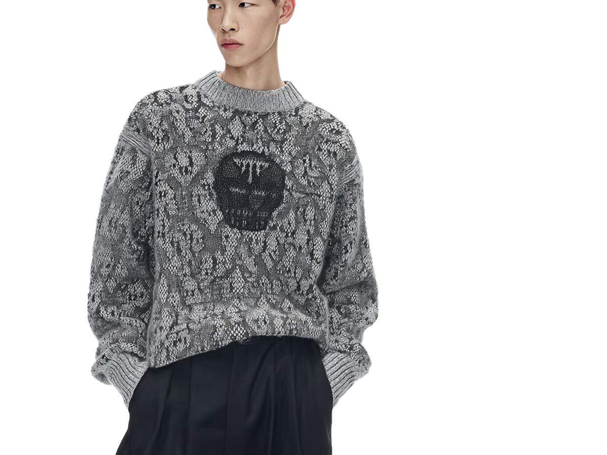 m013Python Pattern Dark Mask Jacquard Crewneck Sweater
