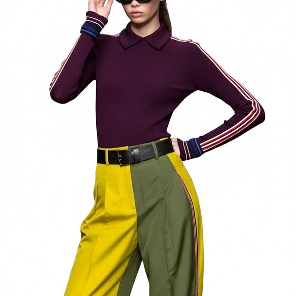 s092Deep Purple Contrast Tape Polo Collar Knit Top 2