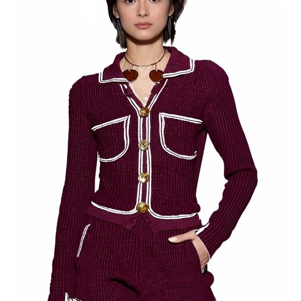 s067Burgundy & White Trim Waffle Knit Co-ord Set 4
