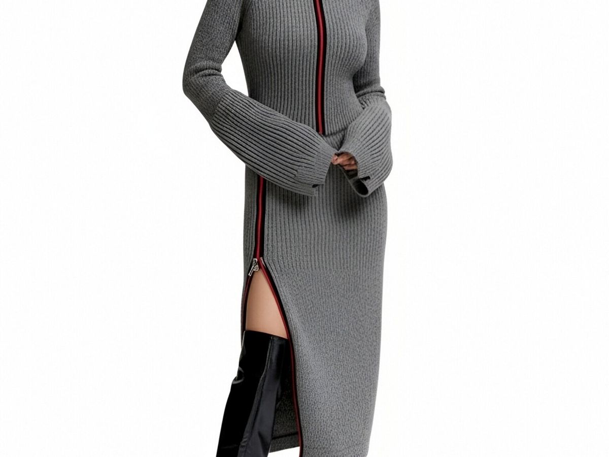 s079Grey Contrast Zip-Up Turtleneck Knit Set
