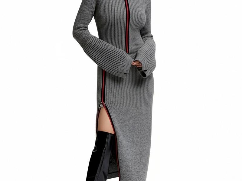 s079Grey Contrast Zip-Up Turtleneck Knit Set