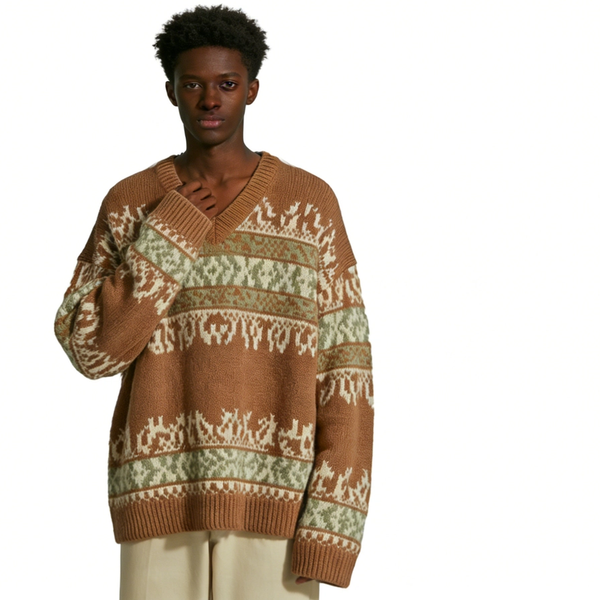 m027Forest Fair Isle V-Neck Striped Jacquard Knit Sweater 2