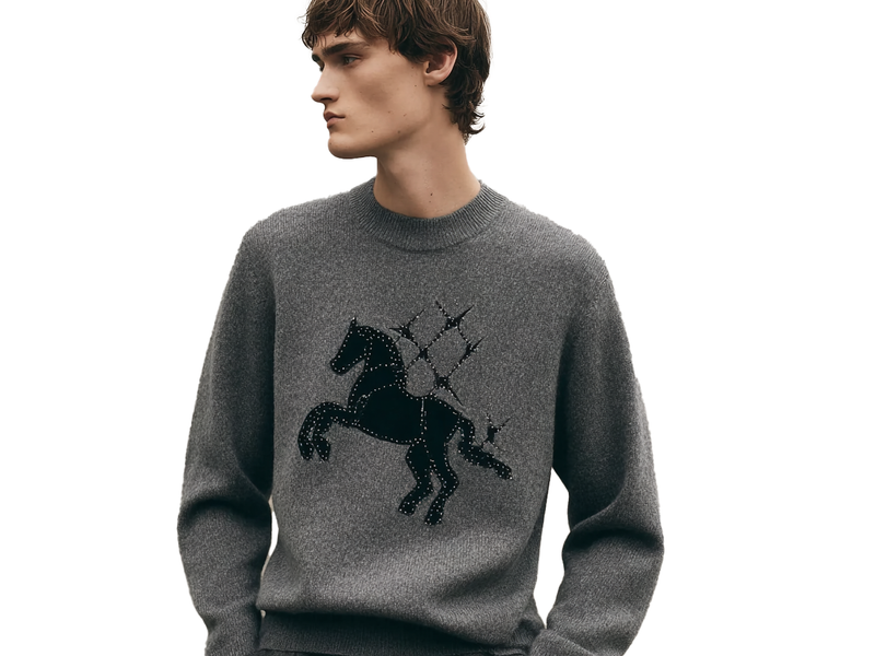 m028Starry Galloping Horse Flocked Beaded Crewneck Knit Sweater
