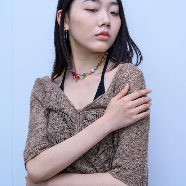 s027Coffee Brown Diagonal Hollow-Out Off-Shoulder Knit Top 3