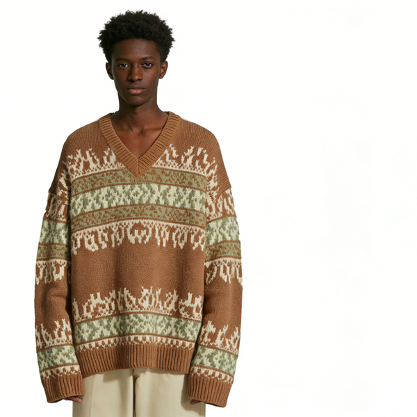 m027Forest Fair Isle V-Neck Striped Jacquard Knit Sweater 3