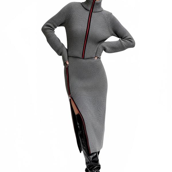 s079Grey Contrast Zip-Up Turtleneck Knit Set 4