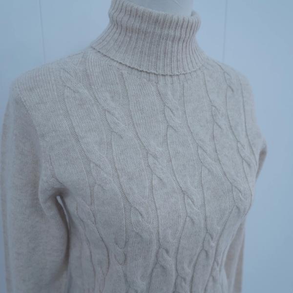 s013Beige Apricot Mock Neck Full Cable-Knit Sweater 2