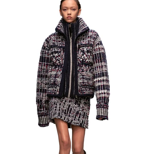 s063Navy Blue Multi-Color Speckled Tweed High-Neck Co-ord Set 2