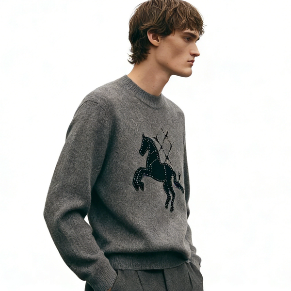 m028Starry Galloping Horse Flocked Beaded Crewneck Knit Sweater 2