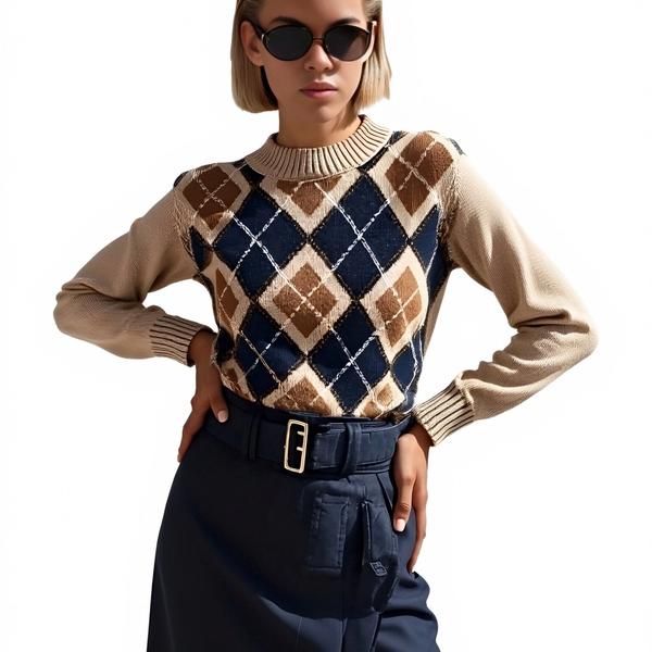 s094Camel & Navy Argyle Mock Neck Knit Sweater 2