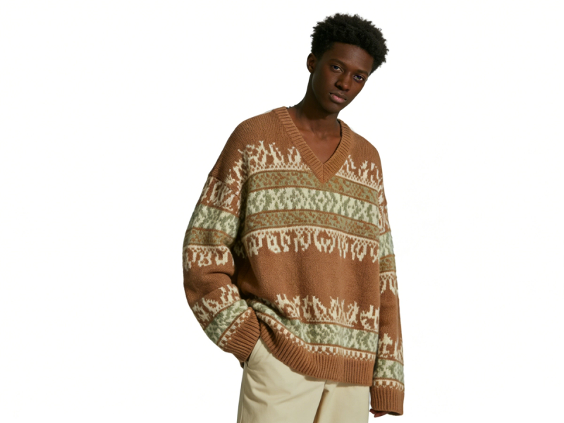 m027Forest Fair Isle V-Neck Striped Jacquard Knit Sweater