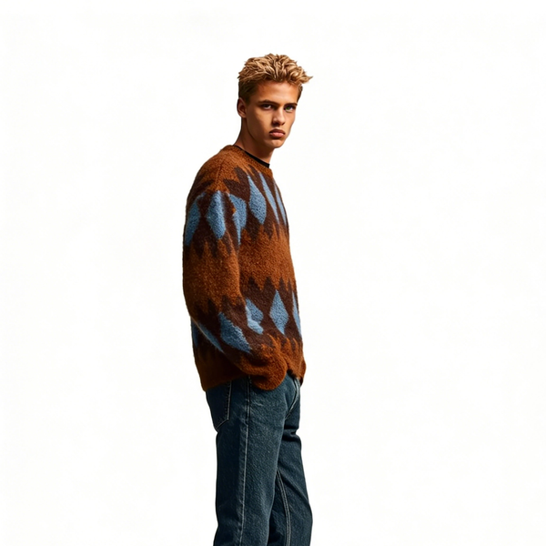 m015Brown & Blue Argyle Mohair Blend Crewneck Sweater 4