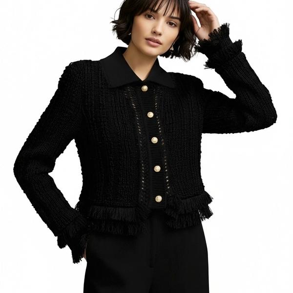 s084Black Textured Fringe Cropped Tweed Jacket 3