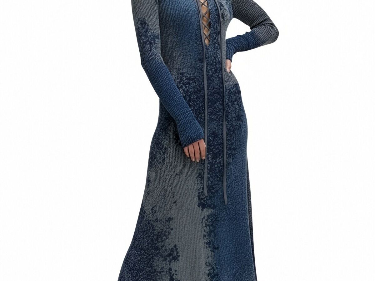 s091Blue-Grey Tie-Dye Hooded Lace-Up Knit Maxi Dress