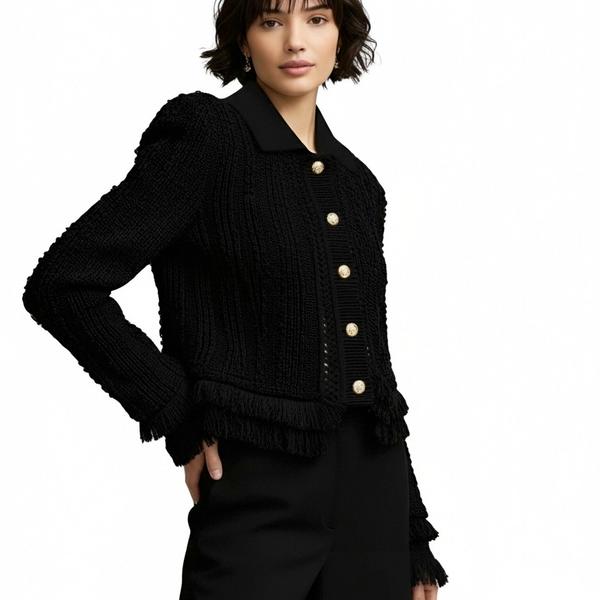 s084Black Textured Fringe Cropped Tweed Jacket 4