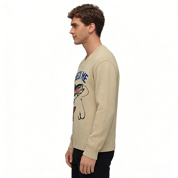 m024"Check Me" Trout Graphic V-Neck Knit Sweater 2