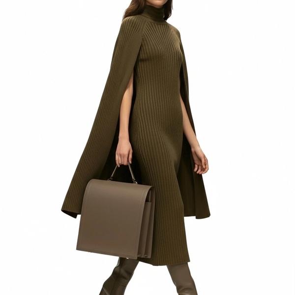 s080Olive Green Ribbed Cape Knit Dress 2