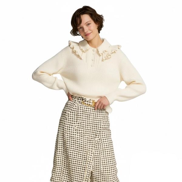 s096Off-White Ruffled Polo Collar Knit Top 2