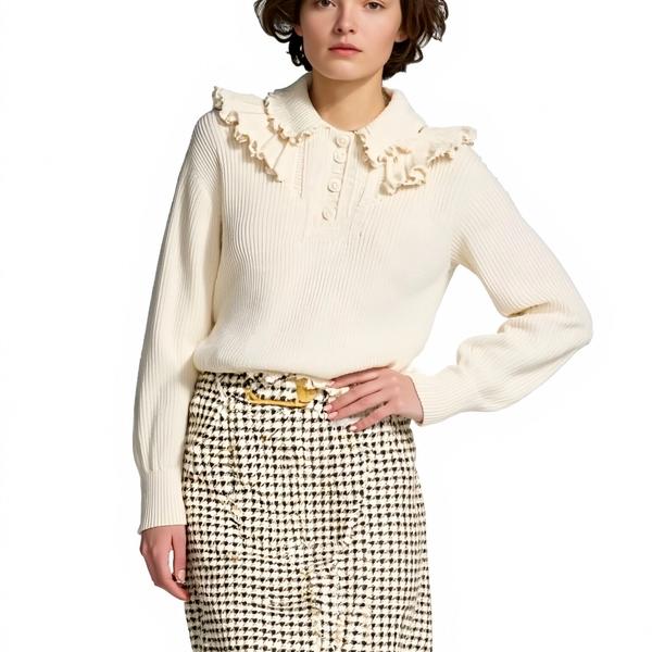 s096Off-White Ruffled Polo Collar Knit Top 4