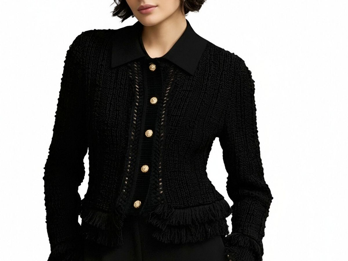 s084Black Textured Fringe Cropped Tweed Jacket