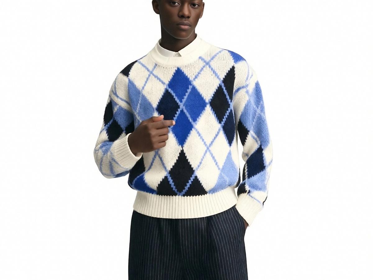 m009Ice Blue Argyle Intarsia Knit Sweater
