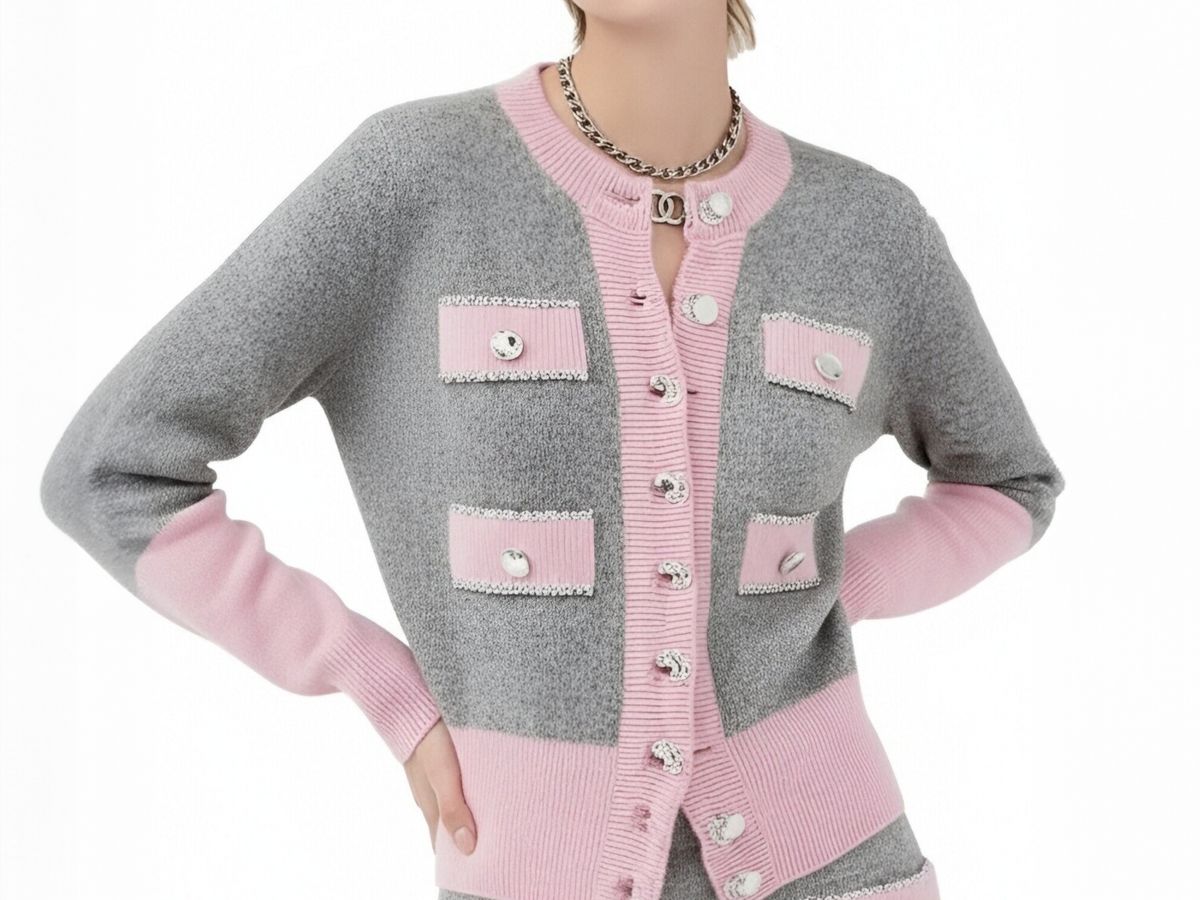  s075Pink & Grey Tweed-Style Knit Set