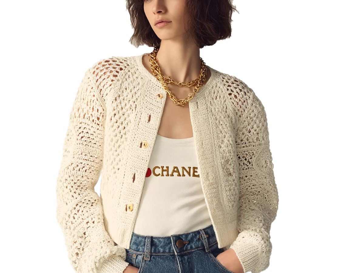 s101Off-White Crochet Knit Tweed-Style Cardigan