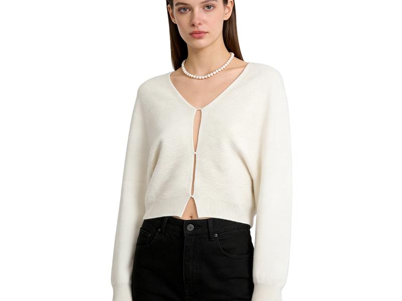 Cream White V-Neck Textured Knitted Cardigan