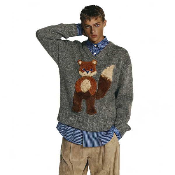 m025Fluffy Fox Applique V-Neck Knit Sweater 2