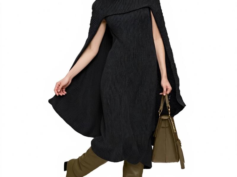 s081Black Ribbed Cape Knit Dress