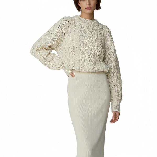 s073Off-White Cable Knit Sweater & Ribbed Skirt Set 3