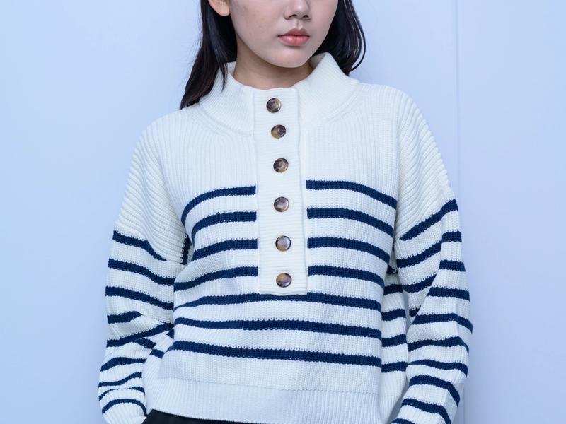 s041Navy Stripe Half-Placket Stand Collar Sweater