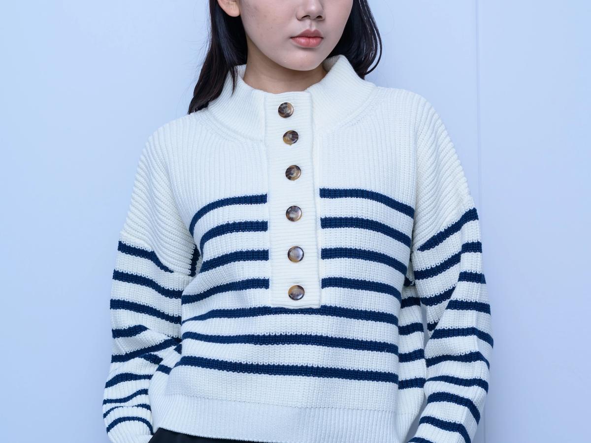 s041Navy Stripe Half-Placket Stand Collar Sweater
