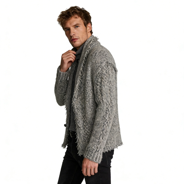 m012Heathered Stone Fringed Shawl Collar Cardigan 2