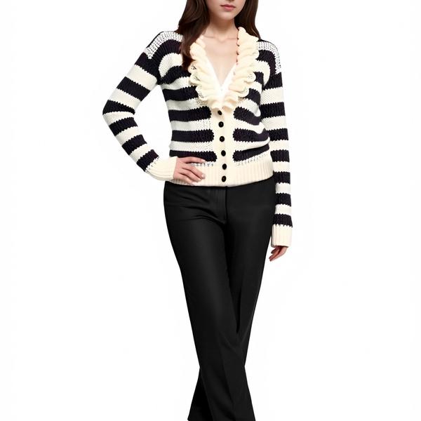 s082Black & White Striped Ruffled Knit Cardigan 2