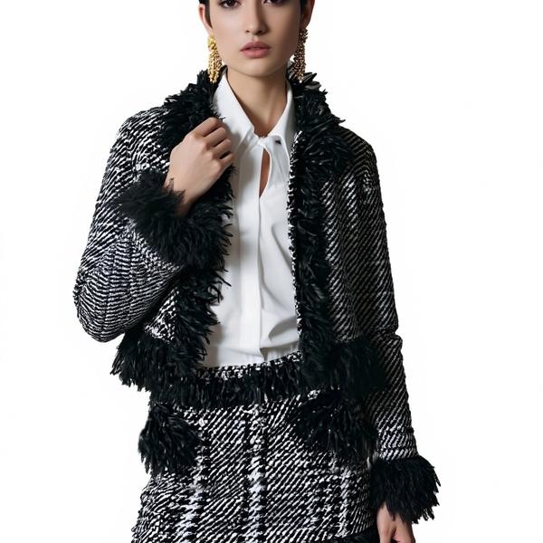 s060Black & White Tweed Fringe Trimmed Chanel-Style Co-ord Set 4