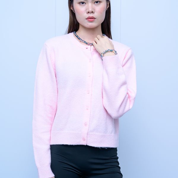 s046Soft Pink Crew Neck Cozy Knit Cardigan 3