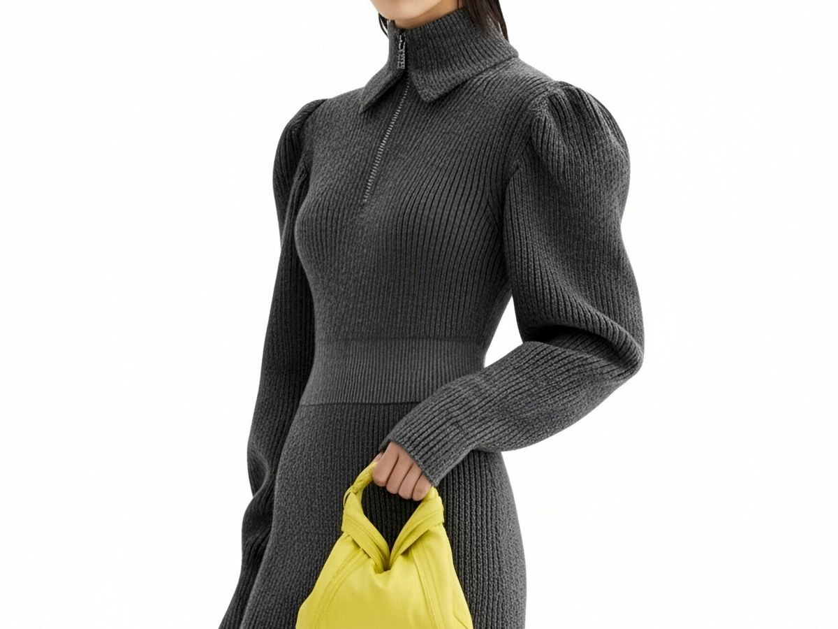 s077Charcoal Ribbed Zip-Up Puff Sleeve Knit Dress