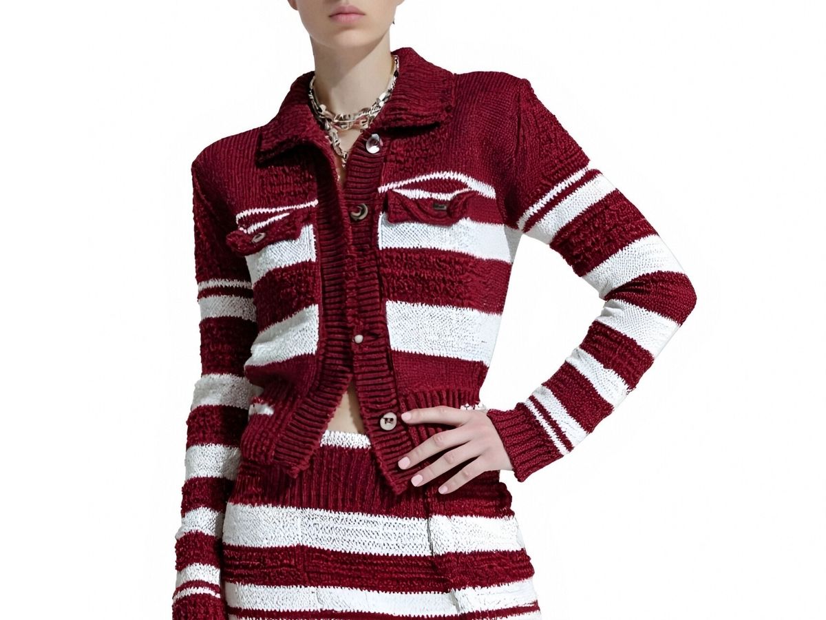 s065Burgundy & White Contrast Stripe Collared Knit Co-ord Set