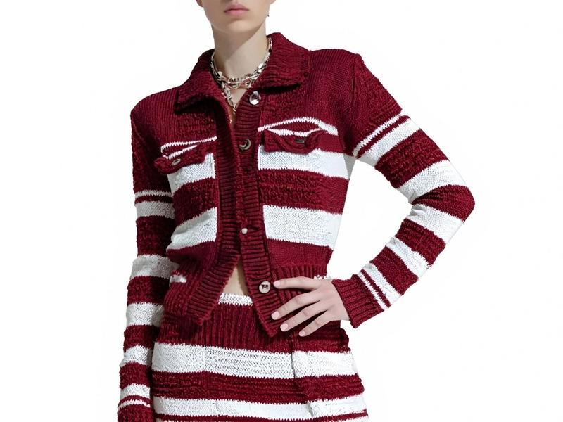 s065Burgundy & White Contrast Stripe Collared Knit Co-ord Set