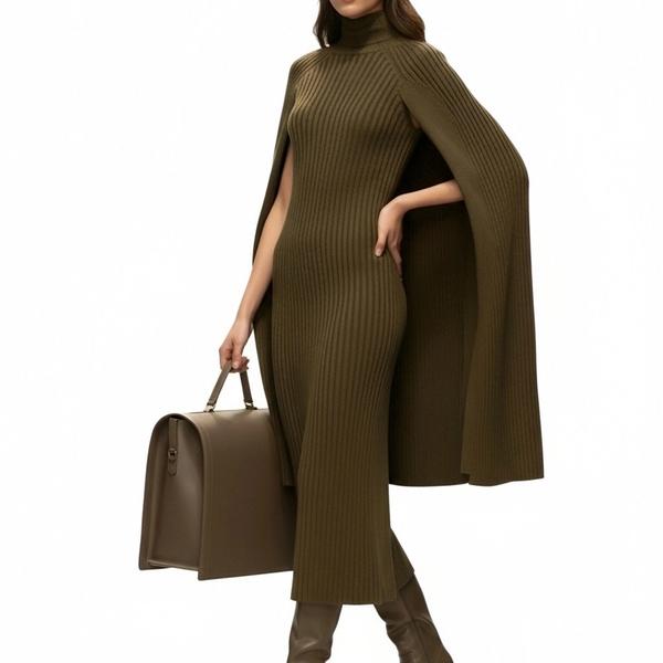 s080Olive Green Ribbed Cape Knit Dress 3