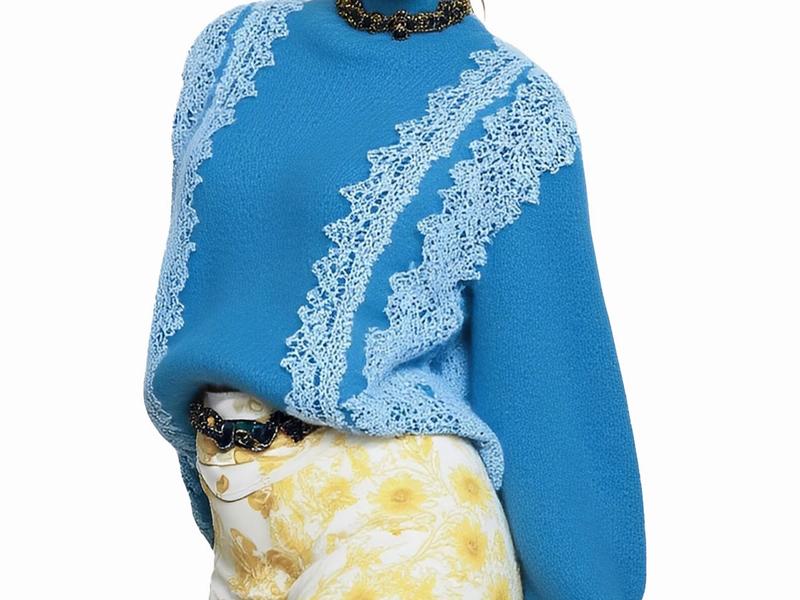 s068Klein Blue Diagonal Lace Panel Mock Neck Knit Sweater
